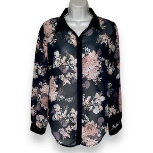 Fun and Flirt Floral Skull Black Pink Chiffon Button Front Shirt Women Medium